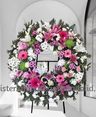 Corona Funeraria Flor Variada Rosa y blanca para tanatorios con envio urgente