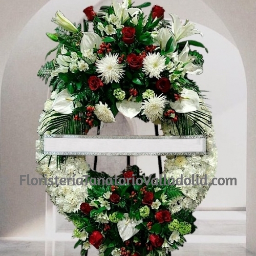 Corona funeraria blanca y roja para enviar al tanatorio urgente